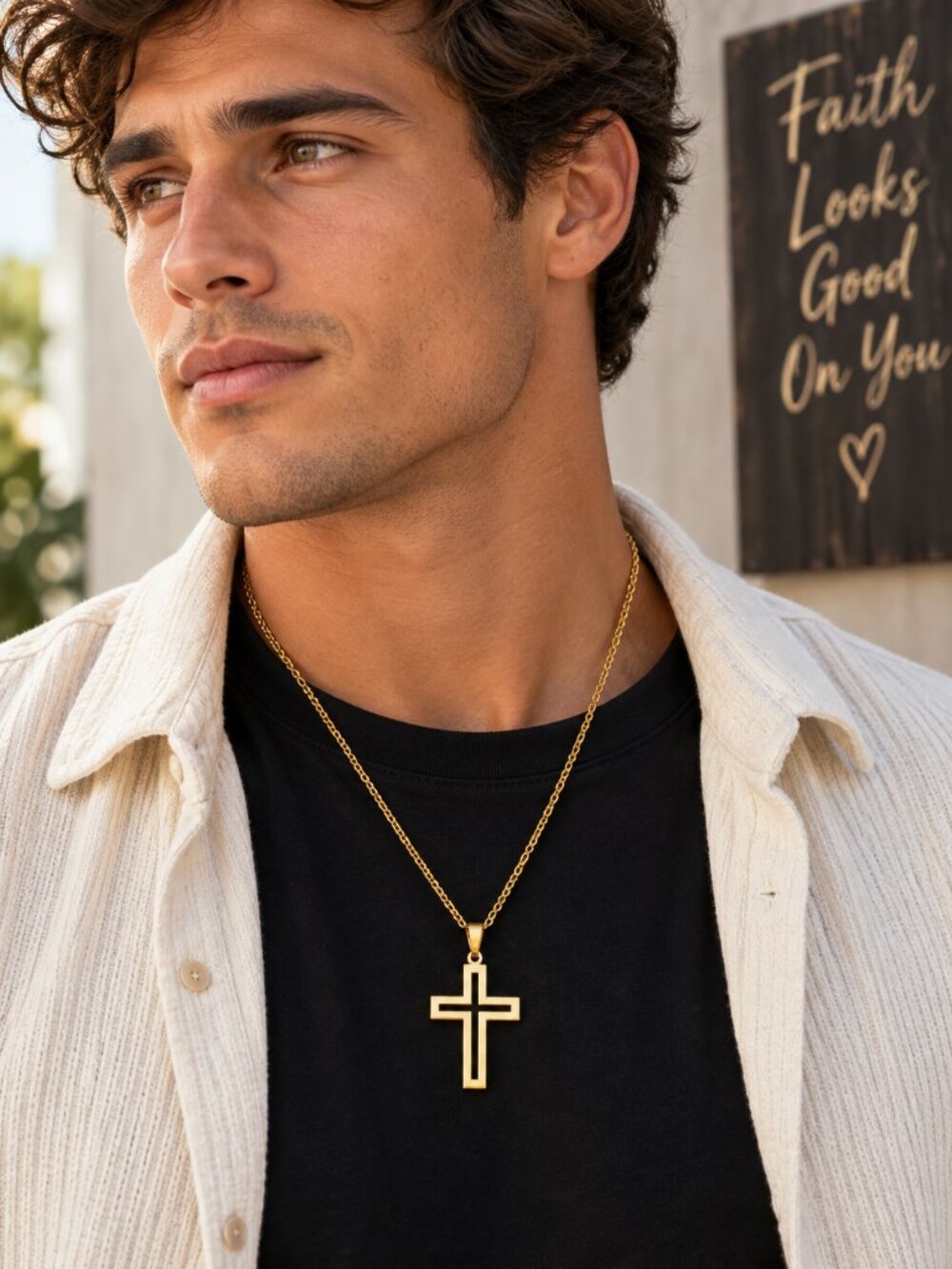 Men's Gold Cross Necklace 24" 18K Gold Plated Stainless Steel Christian Pendant
